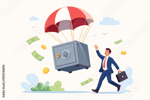 Businessman in suit waving at a falling metal safe with a red and white parachute, unexpected financial windfall concept with flying money bills and gold coins, business success and wealth.