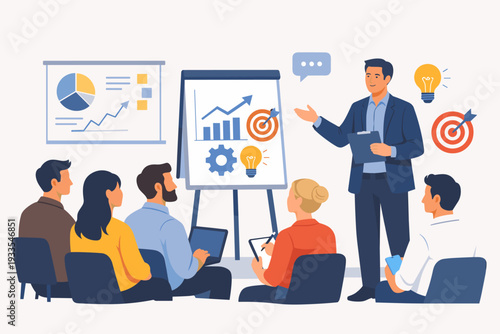 Business Coaching and Professional Training Concept Illustration with a Mentor Presenting Strategy to a Group of People in a Seminar or Workshop for Career Growth and Skill Development