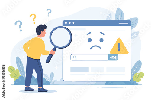 404 Error Page Not Found Vector Illustration with Man Holding Magnifying Glass Looking at Website Message, Technical Problem, Broken Link, Search Bar, Warning Sign, and Sad Face Icon Concept