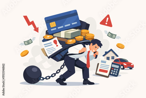 Businessman carrying heavy backpack full of credit cards, cash, and coins while chained to a heavy iron ball, representing financial debt, loan burden, bankruptcy, and economic crisis stress