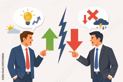 Vector illustration of two businessmen in suits having a heated argument and disagreement over opposite ideas, growth versus decline, success and failure, conflict and debate concept.