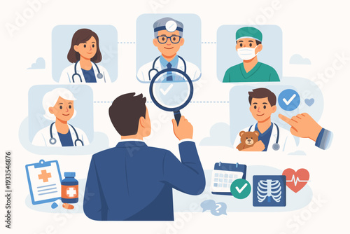 Businessman Choosing Best Medical Specialist from Diverse Group of Doctors for Healthcare Services, Professional Recruitment and Patient Care Selection Concept Illustration in Flat Style
