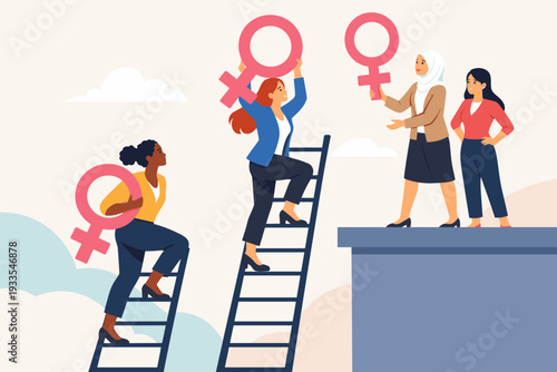 Empowered diverse women climbing ladders while carrying female gender symbols, representing gender equality, women's rights, career advancement, leadership, and breaking the glass ceiling.