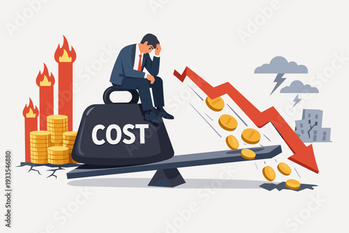 Stressed Businessman Sitting on Heavy Cost Weight on Seesaw Causing Financial Loss and Falling Profits with Downward Arrow and Storm Clouds, Economic Crisis and Business Failure Concept Vector