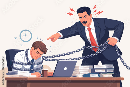 Angry Boss Shouting at Stressed Employee Chained to Desk in Toxic Office Environment, Overworked Worker Under Pressure with Heavy Workload and Deadlines, Corporate Burnout Concept Illustration