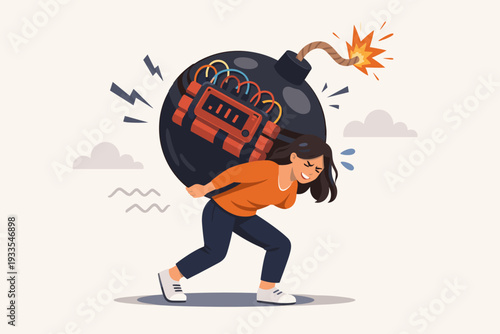 Stressed woman carrying a giant ticking bomb on her back, metaphor for panic, anxiety, and emotional pressure. Flat vector illustration of burnout, deadline stress, and mental health struggles.