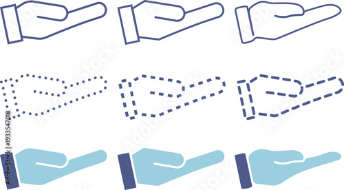 片手で支える手のひらが上向きのビジネス用の青いアイコンの素材セット