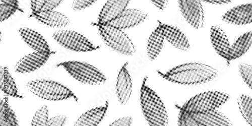 Hand outline drawing of leaves, seamless pattern, halftone dots, fading dot effect, black isolated on white background