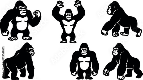 Flat vector gorilla mascot set showing six bold ape poses front profile three quarter and raised arms strong black silhouettes