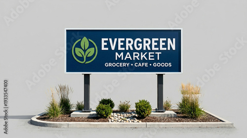 Evergreen Market Sign with Green Logo.