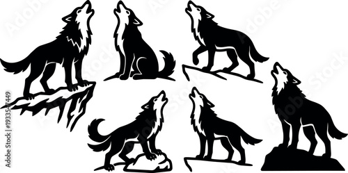 Silhouette vector wolves howling in different poses set of six animals on rocks and cliffs close up black collection side