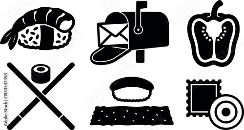 Flat design black vector sushi icons close up nigiri with shrimp crossed chopsticks mailbox with envelope bell pepper stamp seaweed