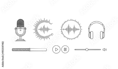 A vector graphic illustration of audio and playback icons in a minimalist design