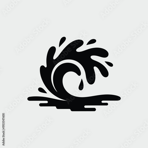 Stylized black wave splash design on a light gray background