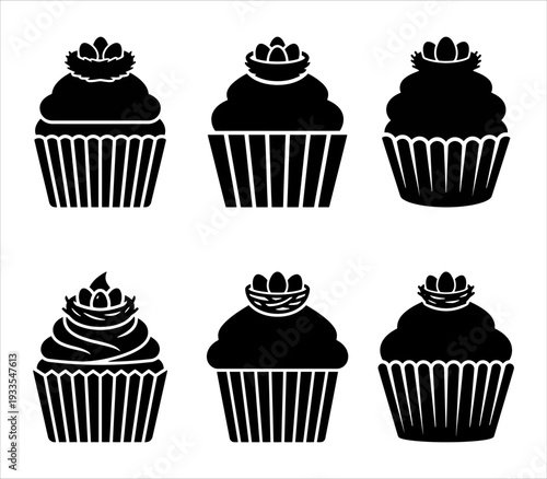 Easter cupcake silhouettes with bird nest and egg toppers for spring bakery branding and holiday menus