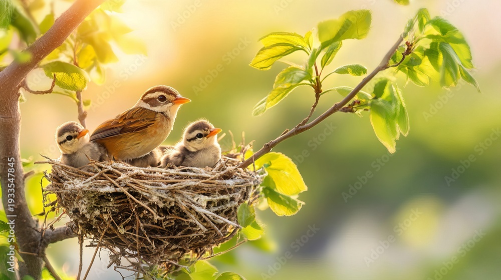Naklejka premium Baby birds in nest waiting for mother to feed, natural wildlife scene