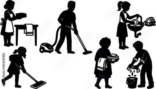 Silhouette vector household chores set showing multiple people cleaning washing dishes vacuuming mopping folding laundry side view in flat style