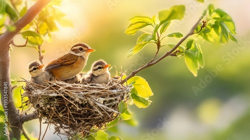 Baby birds in nest waiting for mother to feed, natural wildlife scene