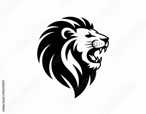 Majestic black and white lion roaring with open mouth and fierce expression