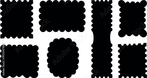 Flat design set of eight scalloped frame silhouettes in various rectangle and tag shapes with bold high clean vector contrast