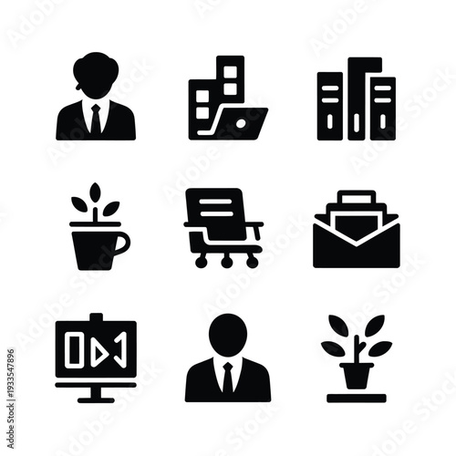 Black silhouette icons depicting business nature and technology concepts