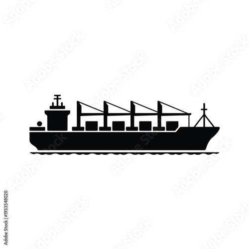 Simple black silhouette of a large cargo ship on the water