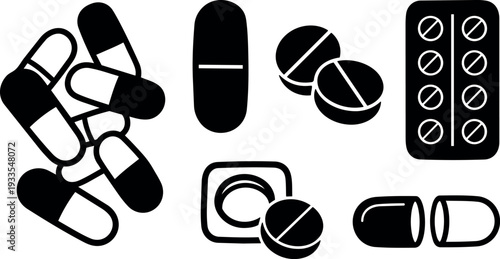 Flat design close up pills and capsules icon set with blister pack top view simple monochrome medical vector illustration icons