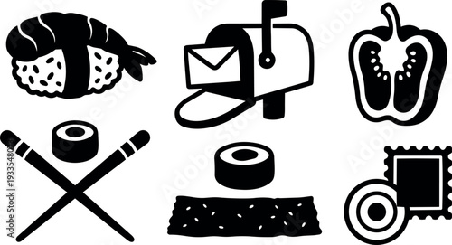 Flat design set of vector icons showing sushi nigiri pepper mailbox stamp roll chopsticks arranged in grid high contrast silhouette