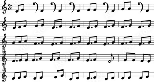 Music staff notes pattern vector illustration, melodic notation background design, treble clef rhythm composition, black and white sheet music artwork