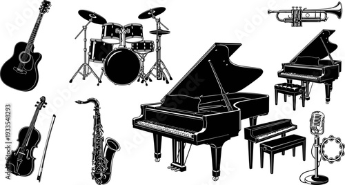 Musical Instruments Silhouettes, Detailed Vector Illustration Set, Grand Piano, Drum Kit, Saxophone, Guitar, and Trumpet, Music Performance Equipment Collection