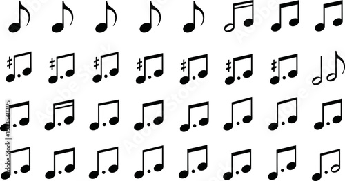 Music note icon set vector illustration, musical notation symbols collection, melody rhythm notes silhouettes, minimal black and white design