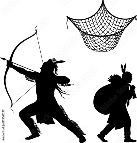 Native American Hunter Silhouettes, Indigenous Man with Bow and Arrow, Traditional Fishing Net, Black Vector Figures Isolated, Tribal Heritage and Hunting Tools