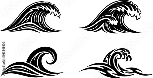 Ocean wave silhouette vector illustration set, dynamic sea water motion symbols, surf and tsunami style designs, black marine elements for logo, tattoo, branding