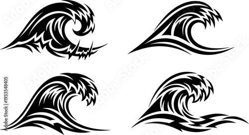 Ocean wave tribal icons collection, dynamic sea water vector illustration set, black and white surfing symbols for tattoo, logo, coastal design projects