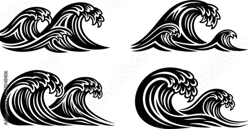 Ocean wave silhouette vector illustration set, stylized sea water swirl designs collection, surfing nautical nature symbols, black minimal graphic art