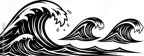 Ocean wave silhouettes illustration, powerful sea water splash design, black and white surfing waves artwork, dynamic nature concept, modern flat vector style