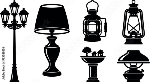 Flat design silhouettes of vintage street lamp table lamp oil lantern birdbath lamp side view high contrast