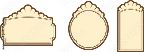 Set of vintage cream and brown decorative frames with scalloped shell edges and classic border shapes for retro product packaging, elegant wedding invitations and branding.