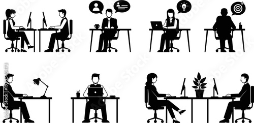 Office workers silhouette vector illustration, business people working at desks, teamwork, communication, productivity scenes, black icons isolated on white background