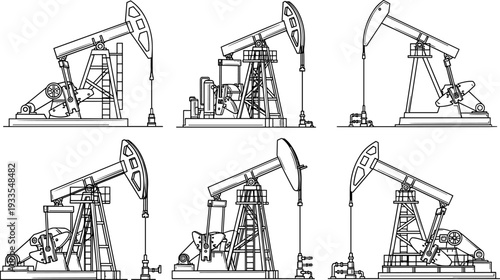 Oil Pumpjack Vector Illustration Set, Industrial Petroleum Drilling Rig Machinery Icons Collection Isolated Black White Outline Energy Industry Line Art Design
