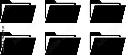 Open and Closed Document Folder Black Silhouette Vector Set, File Directory Organization and Data Storage Icons, Office Work and Business Document Management Graphic Elements.