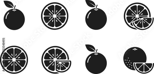 Orange fruit silhouettes vector set, whole and sliced citrus icons collection illustration, black minimal food symbols for packaging, nutrition, branding design