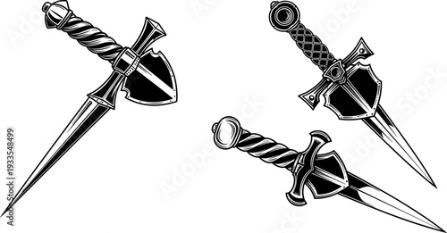 Ornate medieval dagger sword collection, fantasy weapon silhouettes with shields and twisted handles, detailed black vector illustration isolated on white background