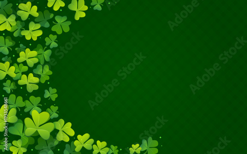 St Patrick day holiday shamrock clover leaves green background with scattered trefoil leaves and subtle sparkles. Vector festive frame for celebrating Irish holiday, greeting card or banner template