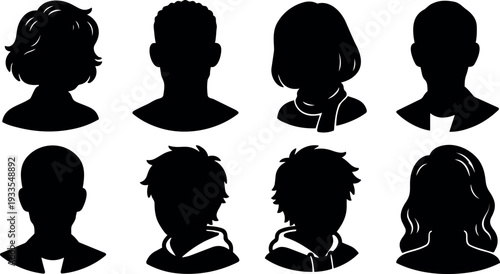Flat design close up black silhouette headshots eight diverse avatars front facing and three quarter view on white background minimal
