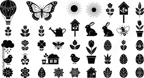 Large collection of spring silhouettes featuring butterfly flowers garden birdhouse rabbit easter egg honey bee hot air balloon and nature icons for holiday graphic design