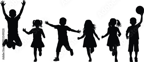 Large set of active children silhouettes featuring boys and girls jumping running playing with ball and celebrating isolated on white background for youth lifestyle design