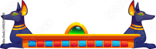 Ancient ornament, Egyptian divider border with two black Anubis figures sitting back to back, golden horizontal base with red, blue and turquoise tiles, and green gemstone. Ancient culture decoration