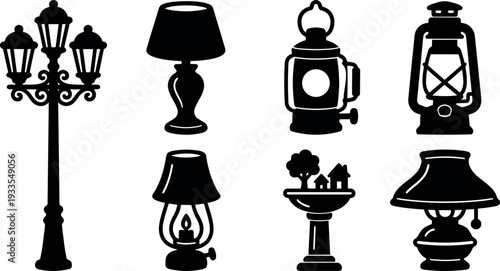 Flat design vintage lamp lantern silhouette icons ornate street lamp triple head close up table lamps oil lights black vector