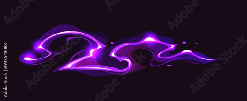 Cartoon purple game magic power wave, wizard glow vfx light effect. Vector glowing magic neon lightning and fantasy energy flow. Wizard spell with power stream, attack trail and wand sparkle trace